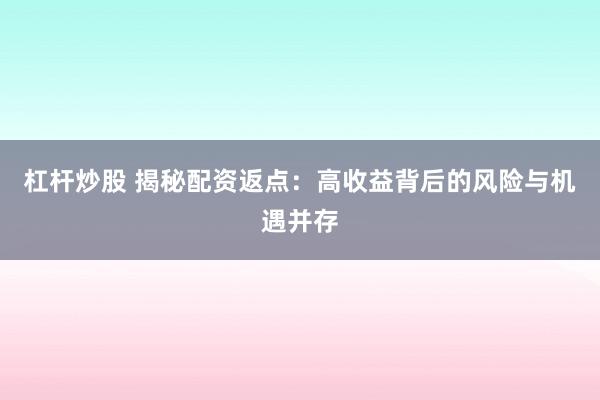 杠杆炒股 揭秘配资返点：高收益背后的风险与机遇并存